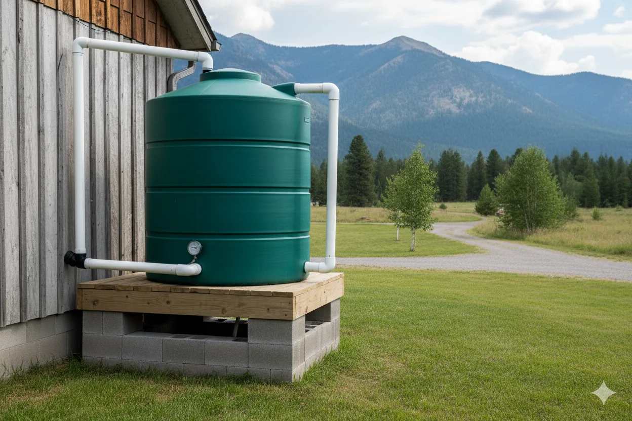 Rain Saucer Direct Collection System Freestanding rain saucer collector resembling inverted umbrella funneling water to storage barrel