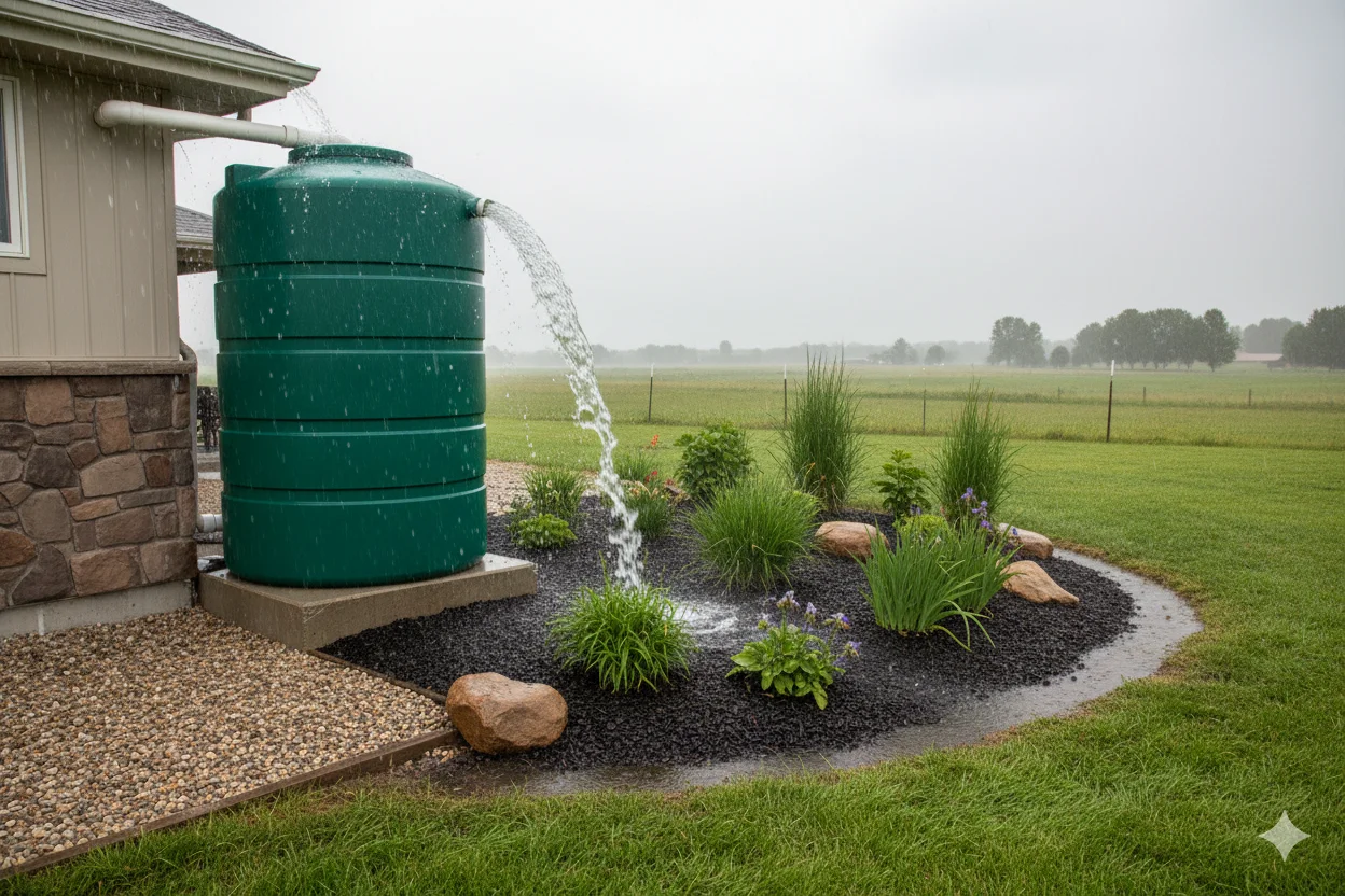 Rainwater System Overflow Management Overflow pipe directing excess rainwater from storage tank to drainage area