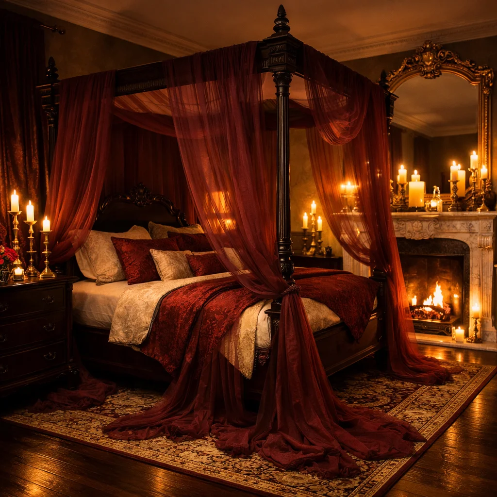 Romantic Canopy Bed in Burgundy Fabric Romantic Canopy Bed in Burgundy Fabric