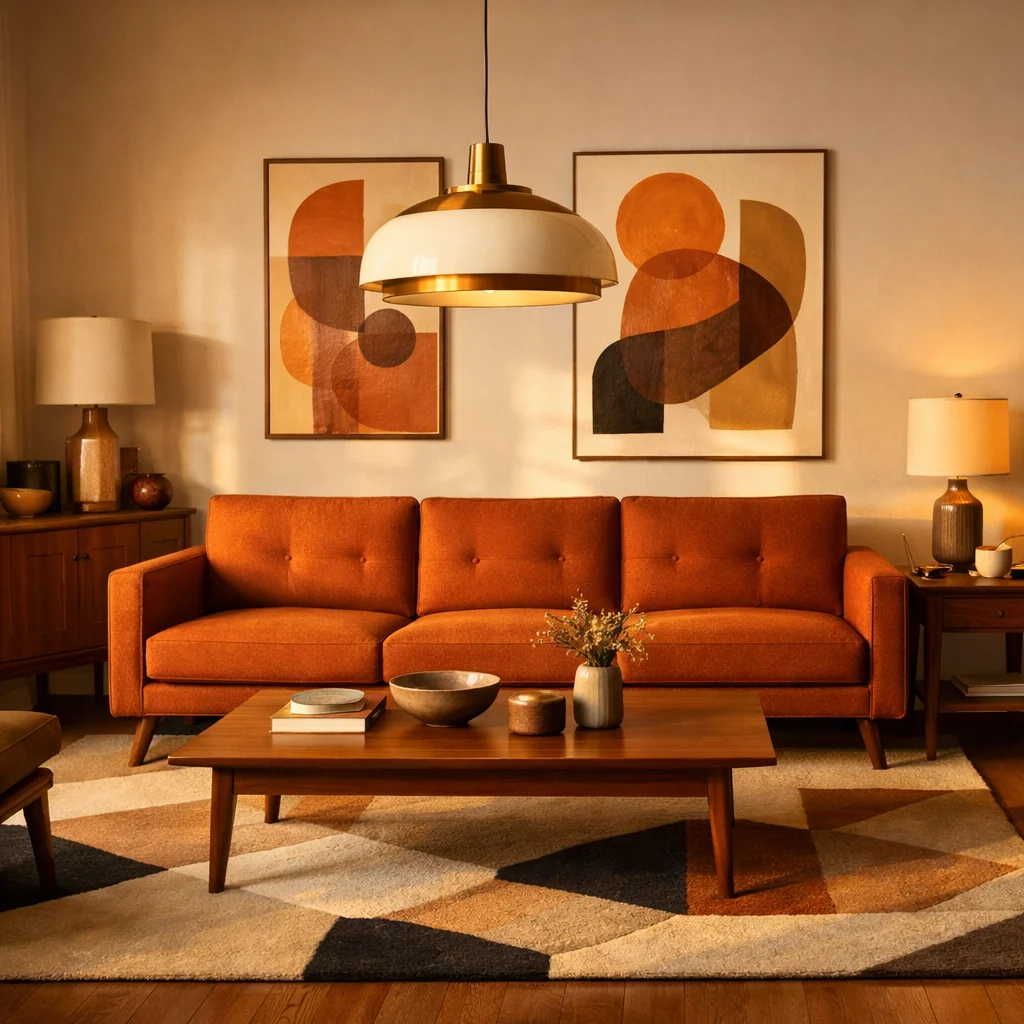 Rust Toned Sofa in a Mid Century Modern Living Room