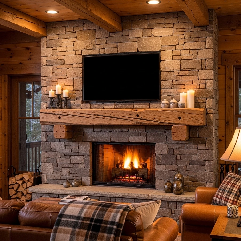 Rustic Stone With Wood Beam Mantel