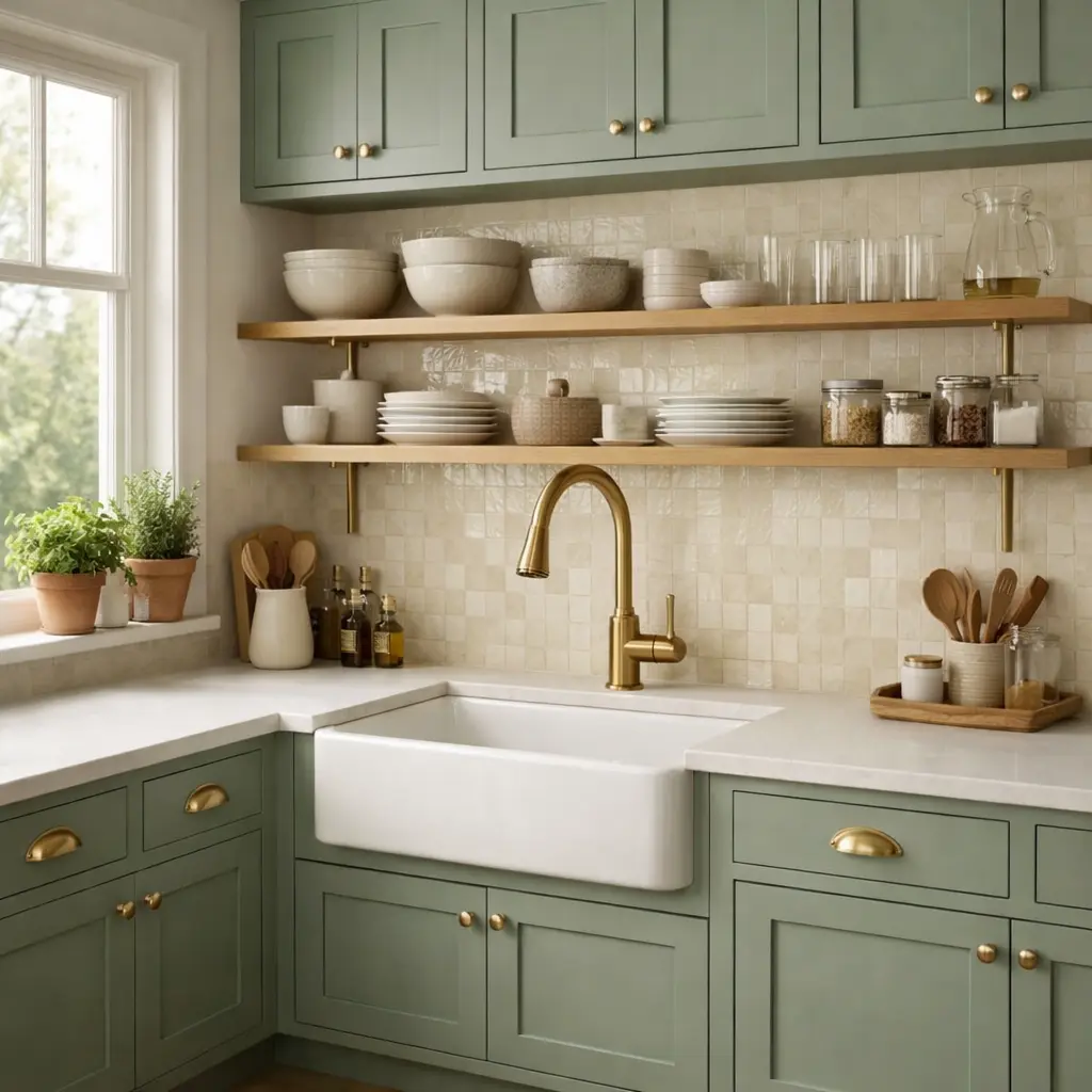 Sage Green Cabinets with Brushed Gold Fixtures Sage Green Cabinets with Brushed Gold Fixtures