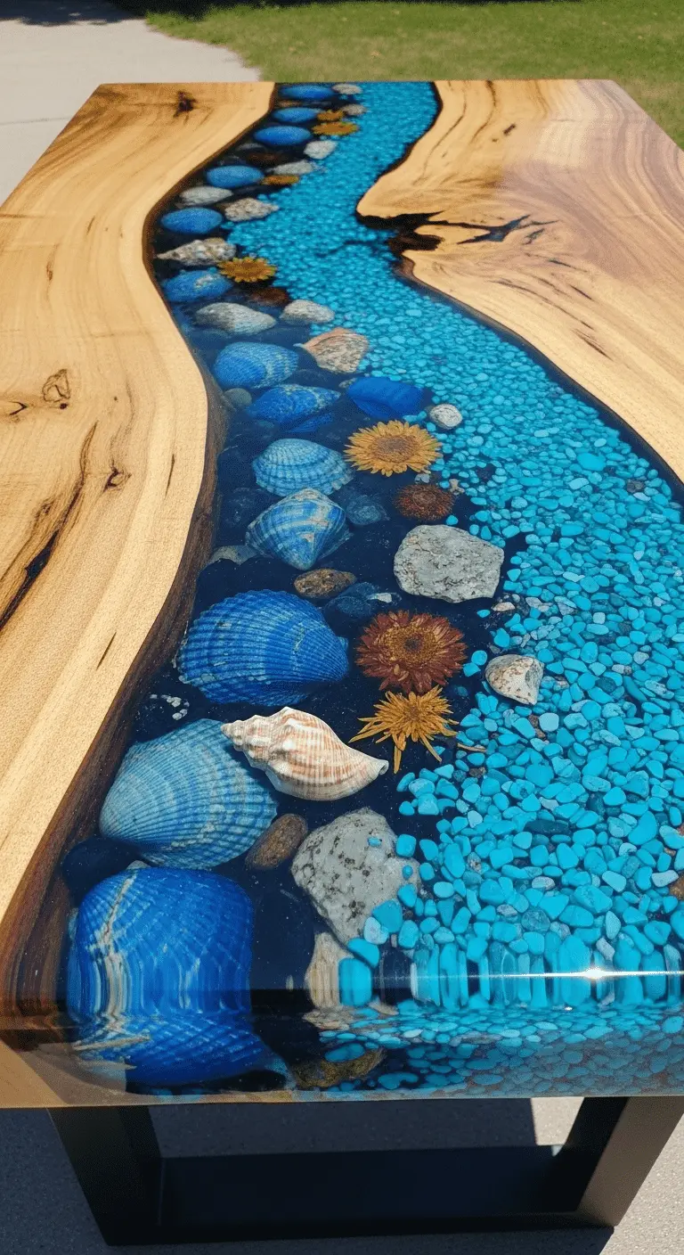 Shell and Stone Embedded River Table