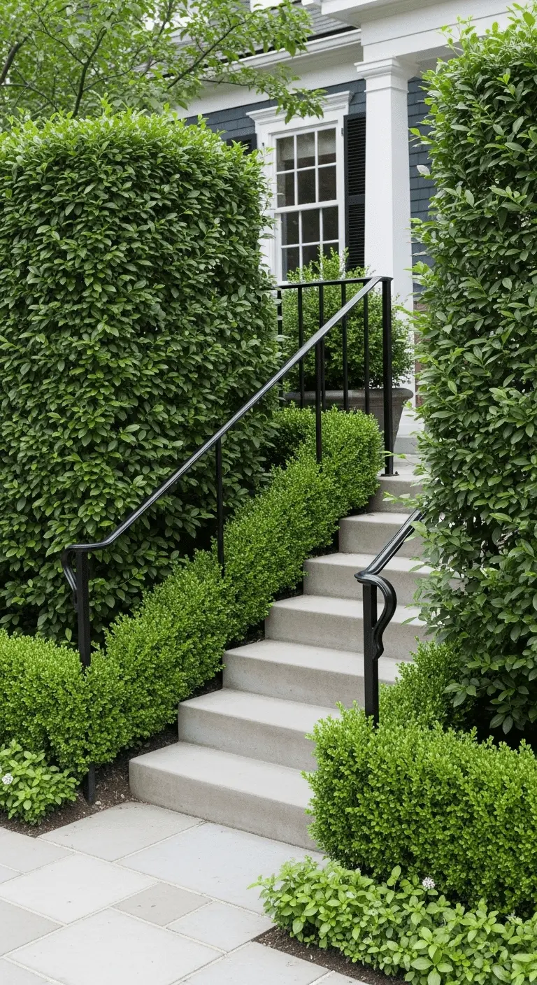 Side Entrance with Boxwood Hedges