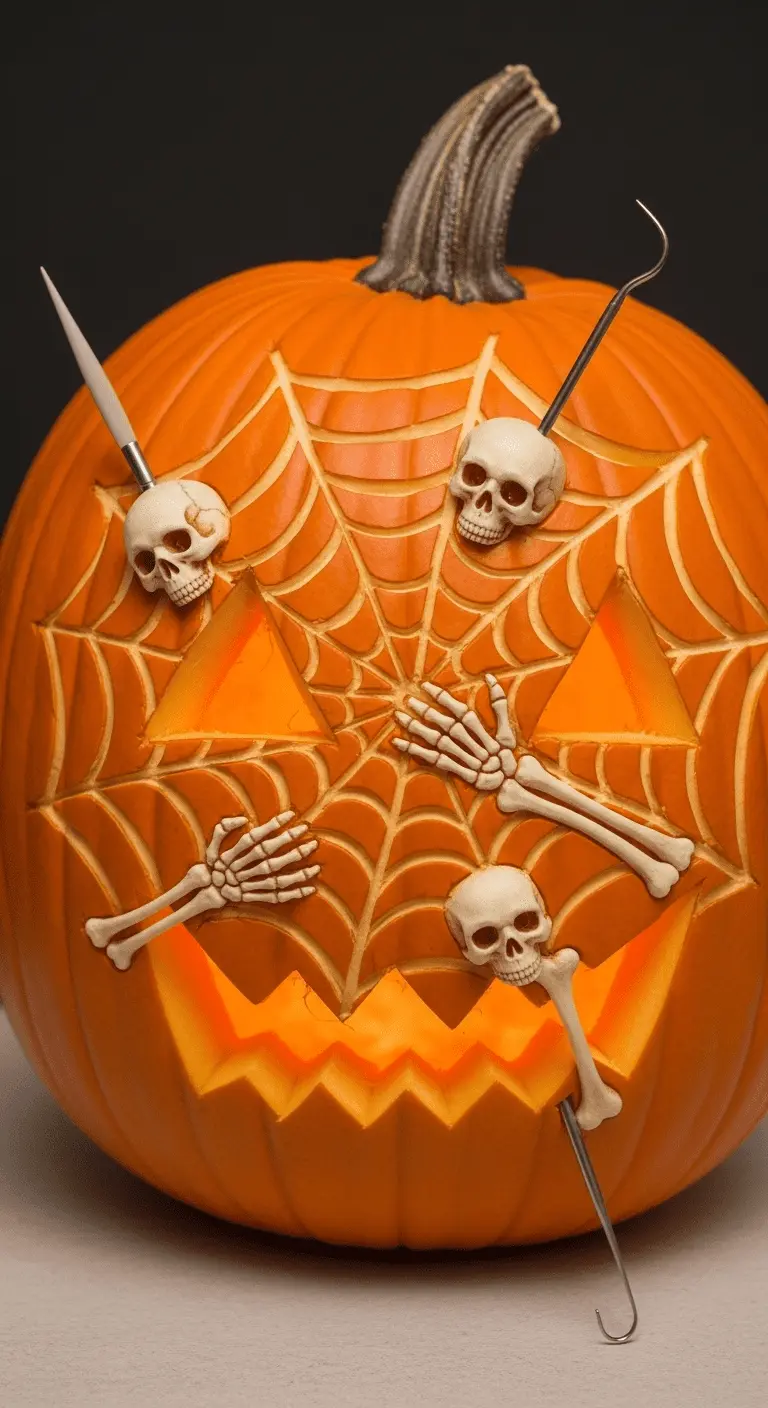 Spider Web Pumpkin with Skeleton Accents