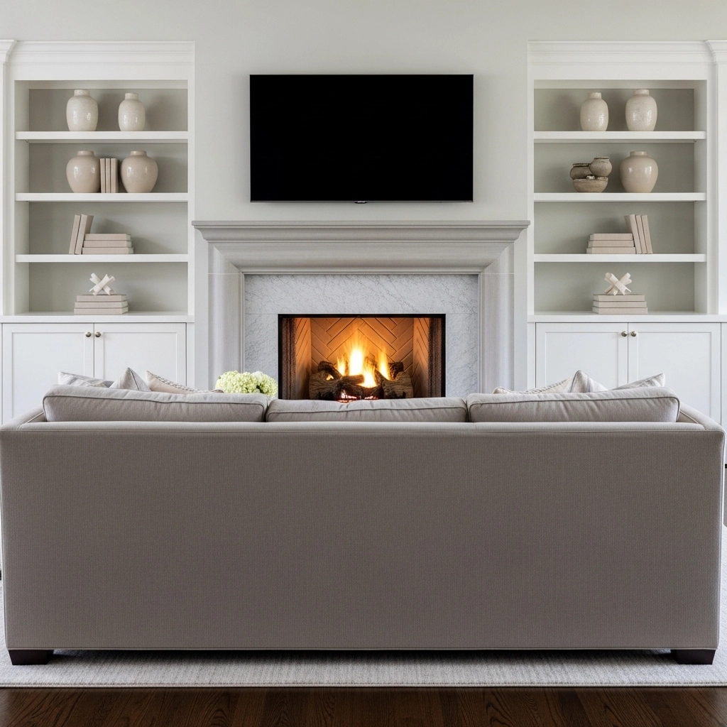 Symmetrical Built In Cabinets With Centered Fireplace