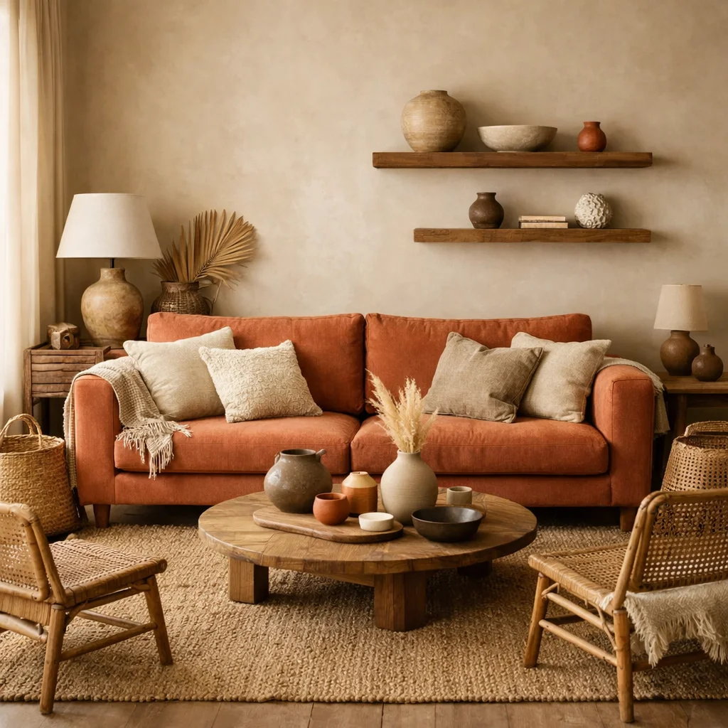 Terracotta Couch with Warm Neutrals and Rattan Accents