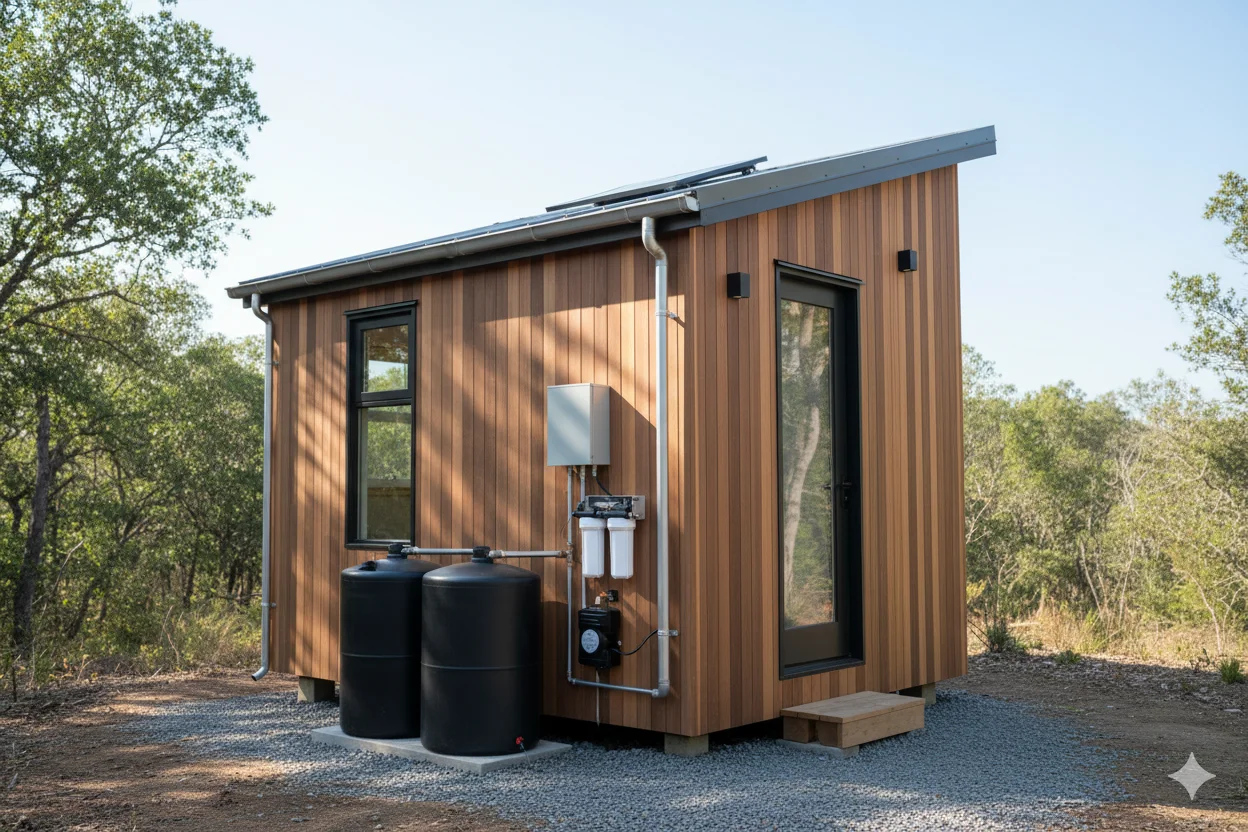 Tiny House Rainwater Collection System Compact rainwater collection system designed for tiny house with small tanks and solar pump