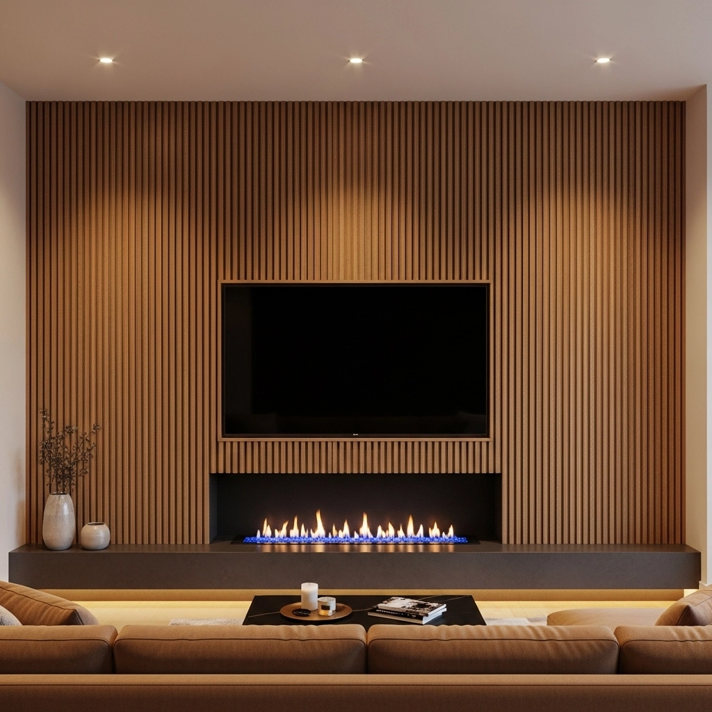 Vertical Wood Slat Media Wall