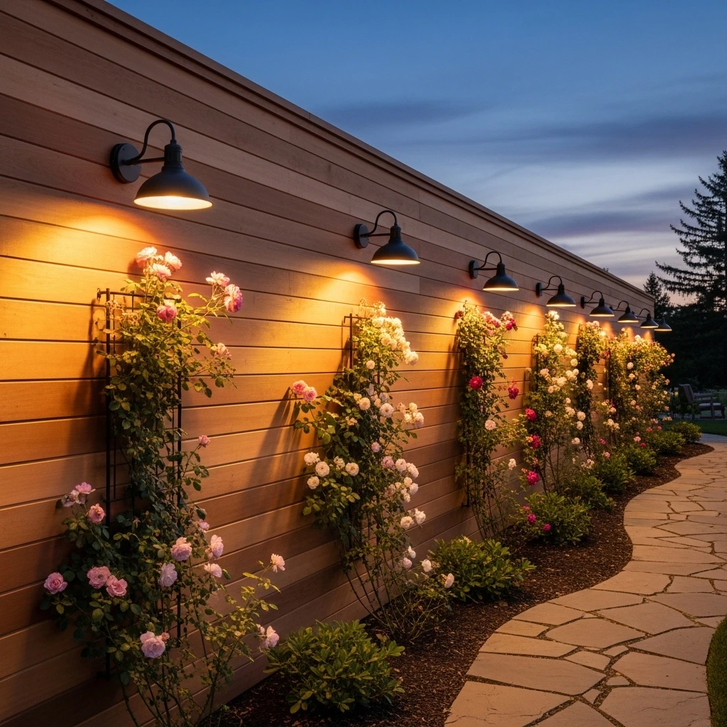 Wall-Mounted Lanterns Along a Fence Line