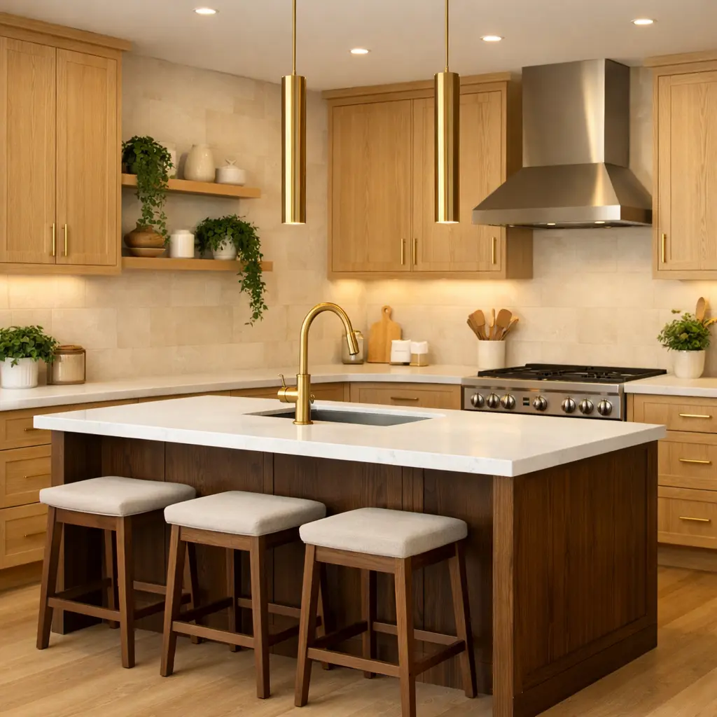 Warm Wood Tones with Gold Hardware Warm Wood Tones with Gold Hardware