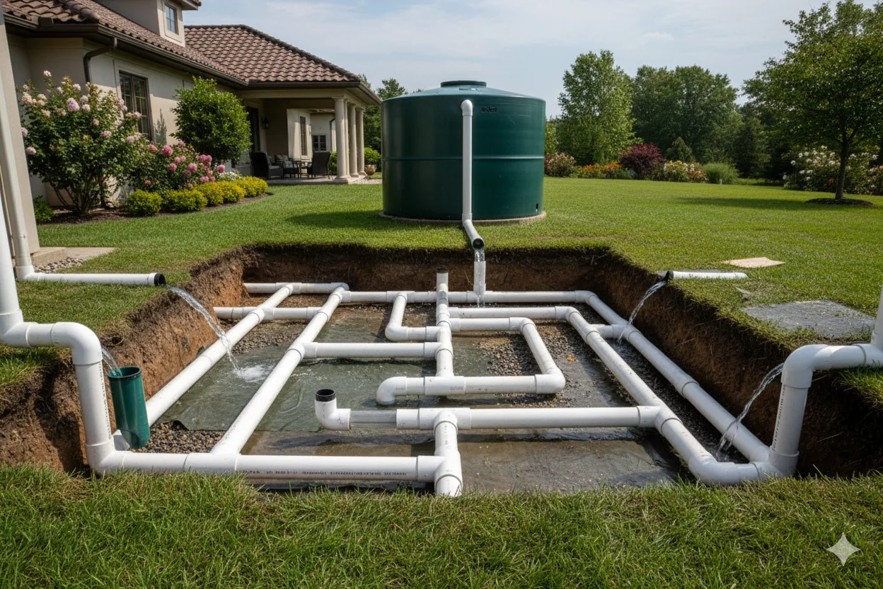 Wet System Underground Pipe Network Wet system configuration with underground pipes connecting multiple downspouts to central storage tankNetwork