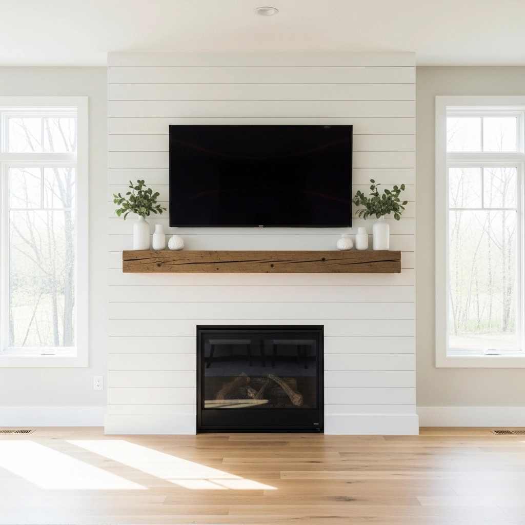 White Shiplap Fireplace Wall