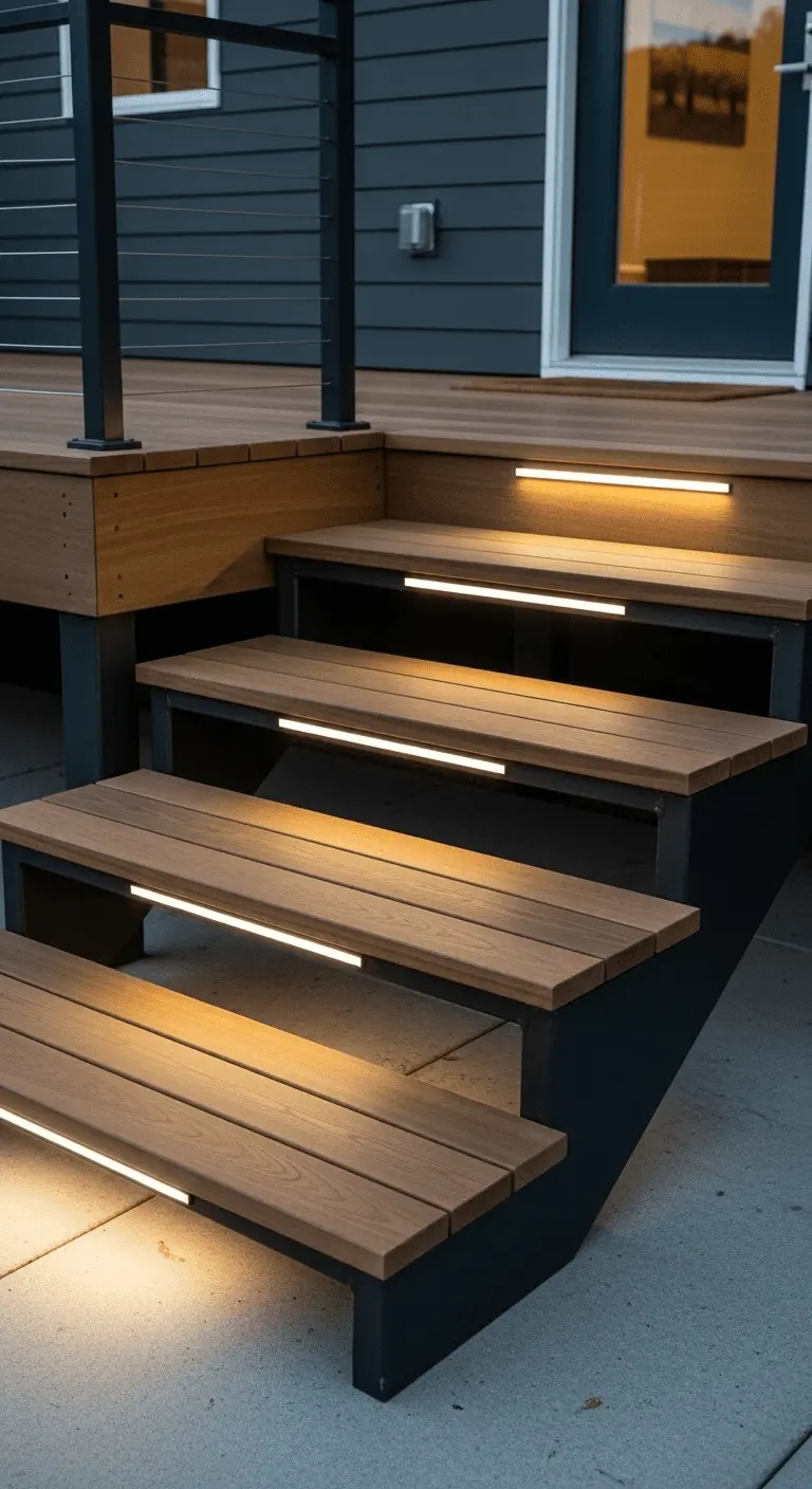 Wood and Metal Hybrid Steps with Integrated Lighting