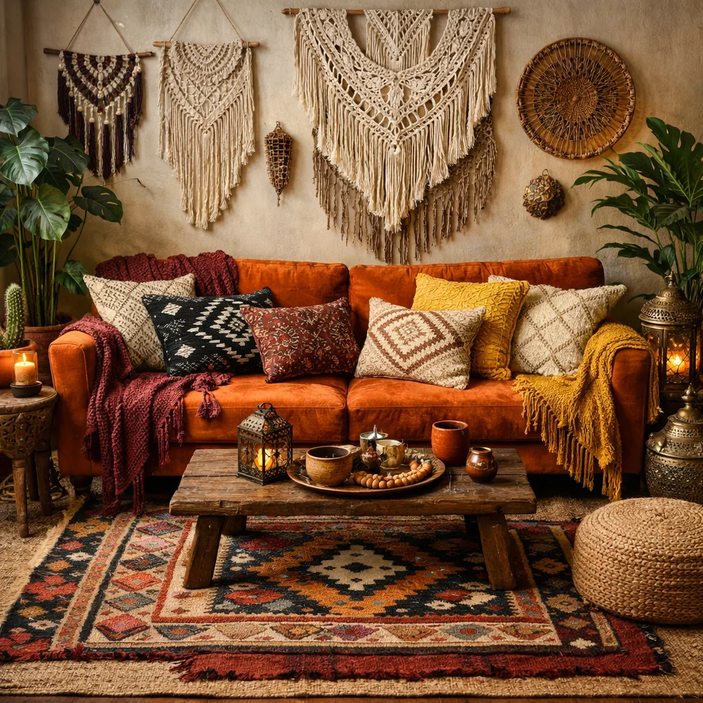 bohemian orange couch surrounded by layered texture