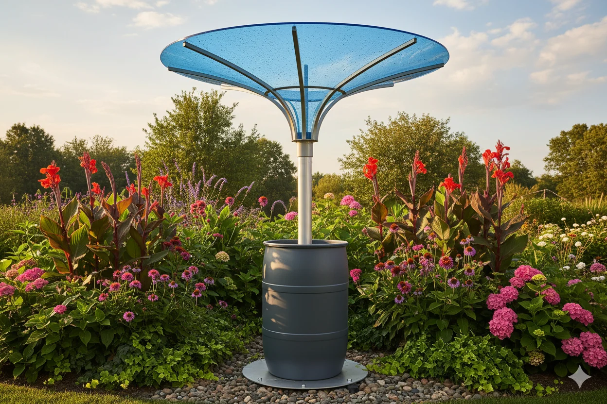 rain system Freestanding rain saucer collector resembling inverted umbrella funneling water to storage barrel