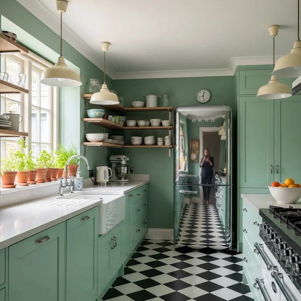A Retro-Inspired Kitchen with Seafoam Green Walls