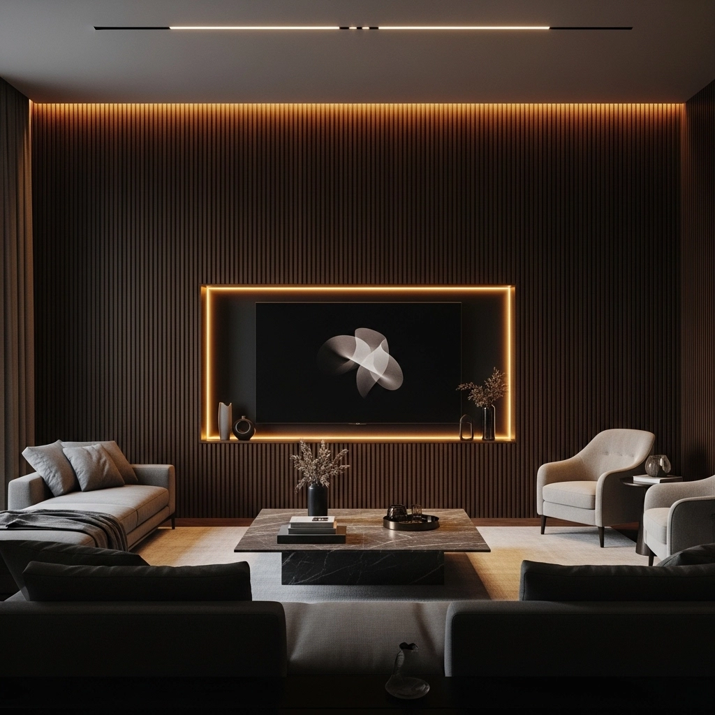 Dark Walnut Slats with a Recessed TV Niche