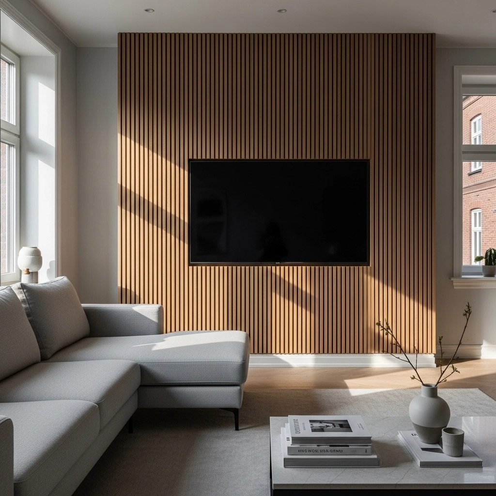 Floor to Ceiling Vertical Slats in a Neutral Living Room