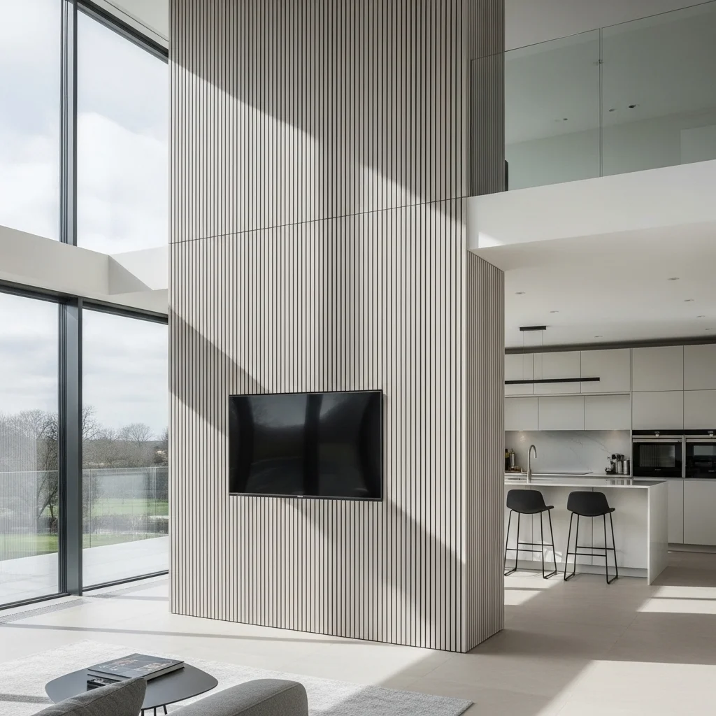 Full Wall White Oak Slats in an Open Plan Space