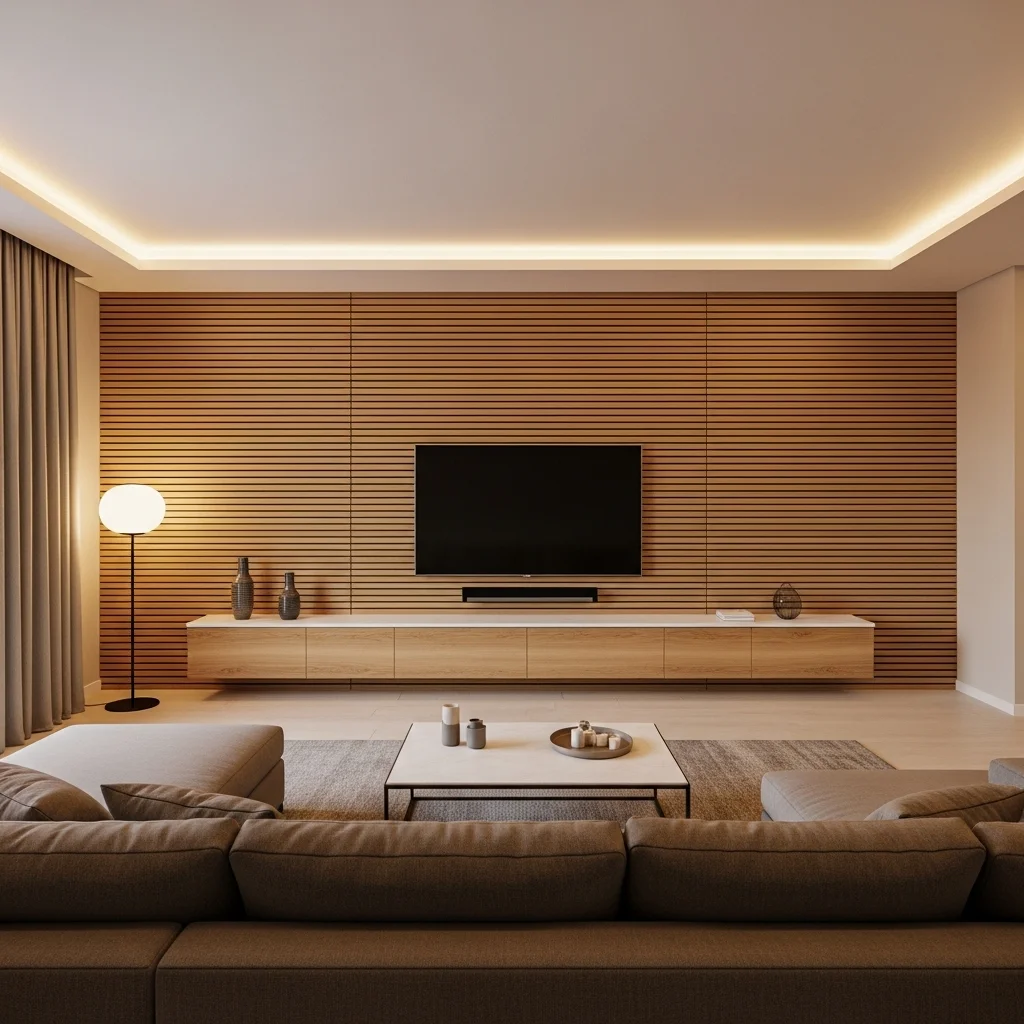 Horizontal Slat Wall for a Wide Room Feel