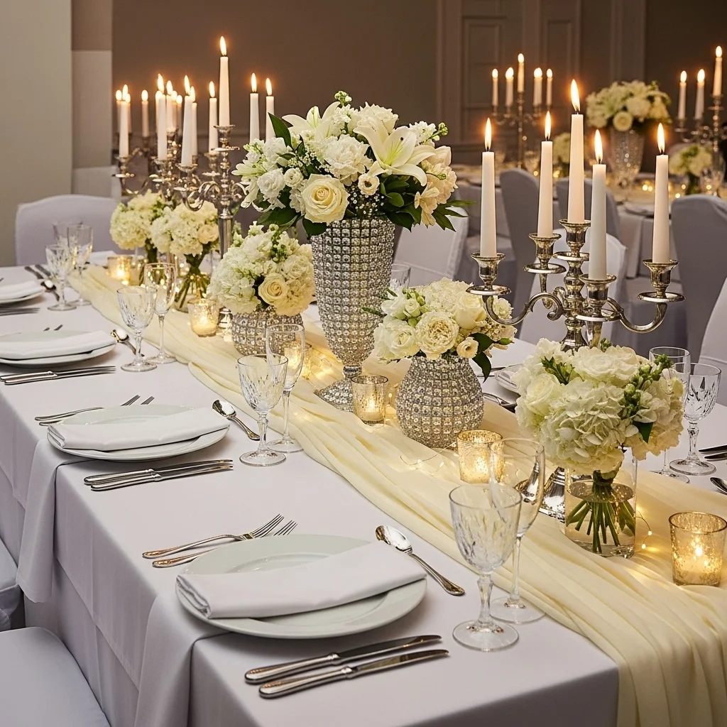 Ivory Cheesecloth Draped Over a White Tablecloth
