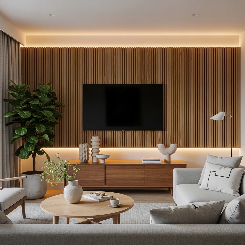 Japandi Meets Mid Century Modern with Teak Slats