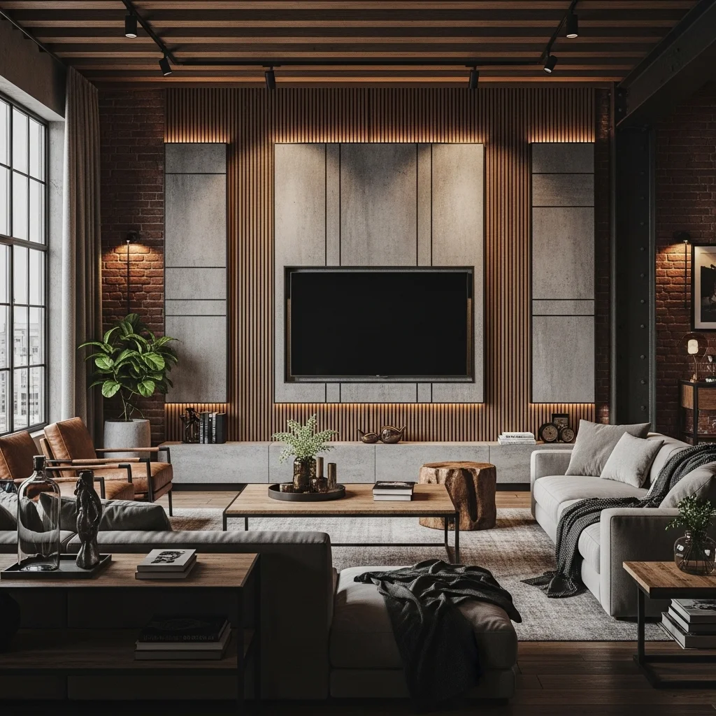 Mixed Material Wall with Wood Slats and Concrete Panels