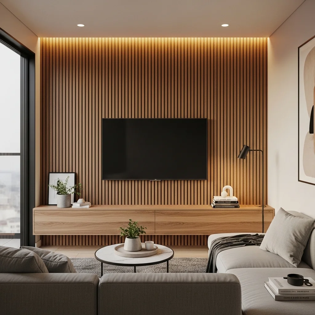 Narrow Slat Wall Panel Behind a Floating TV Console