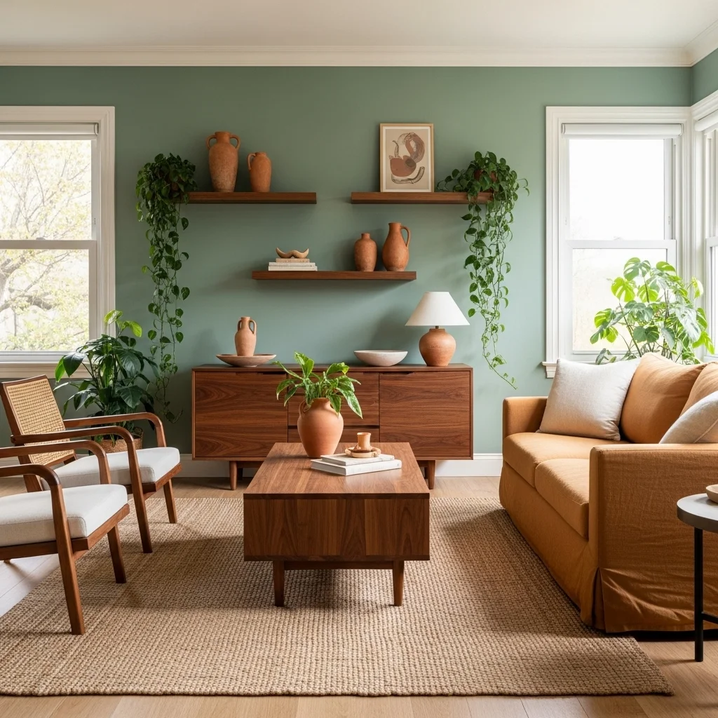 Seafoam Green Walls with Earthy Brown and Natural Wood