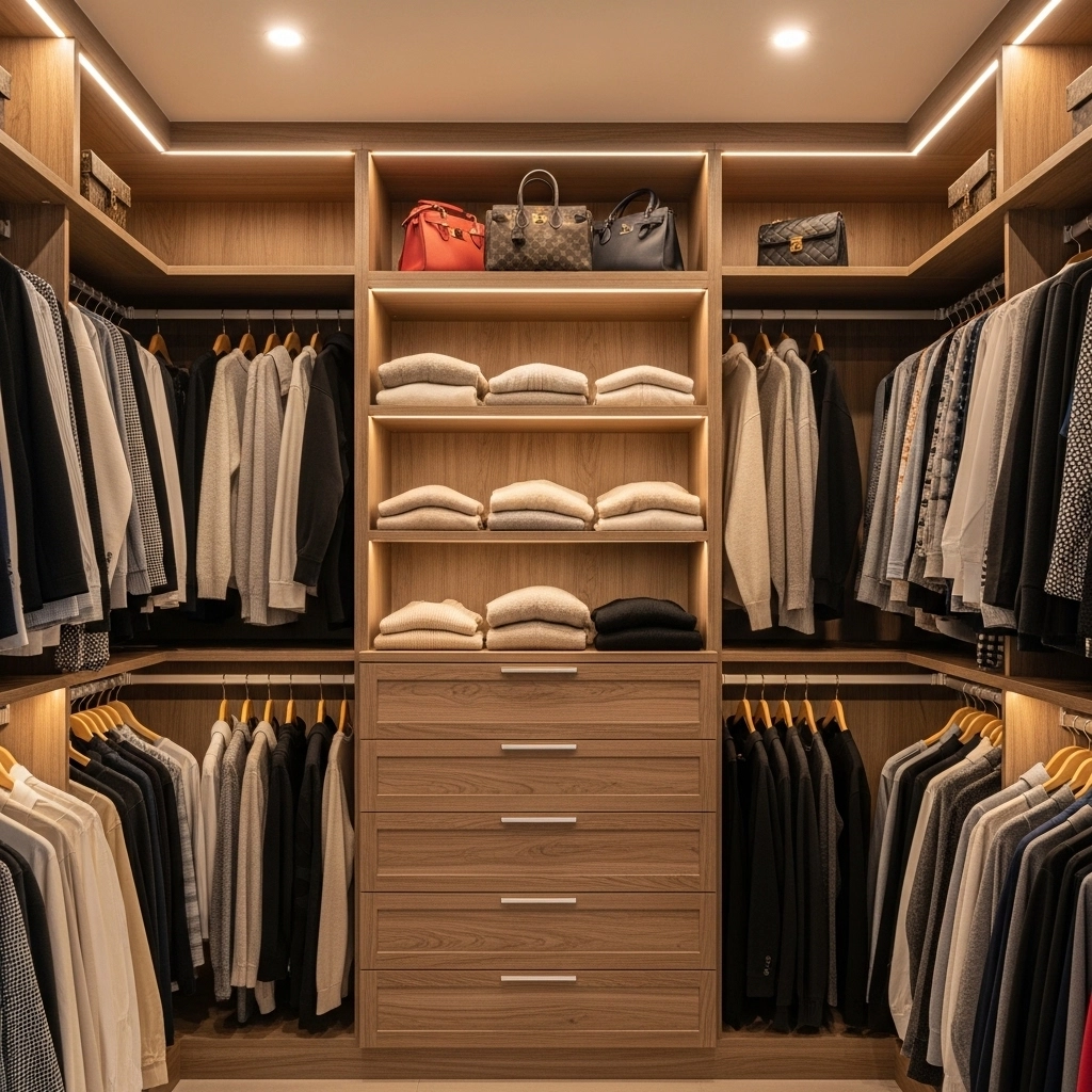 The Double Rod Closet with Built-In Shelving Tower