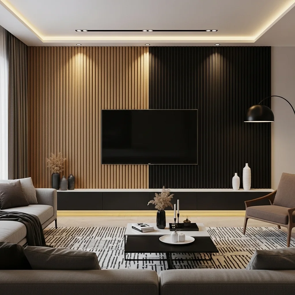 Two Tone Slat Wall with Contrasting Wood Finishes
