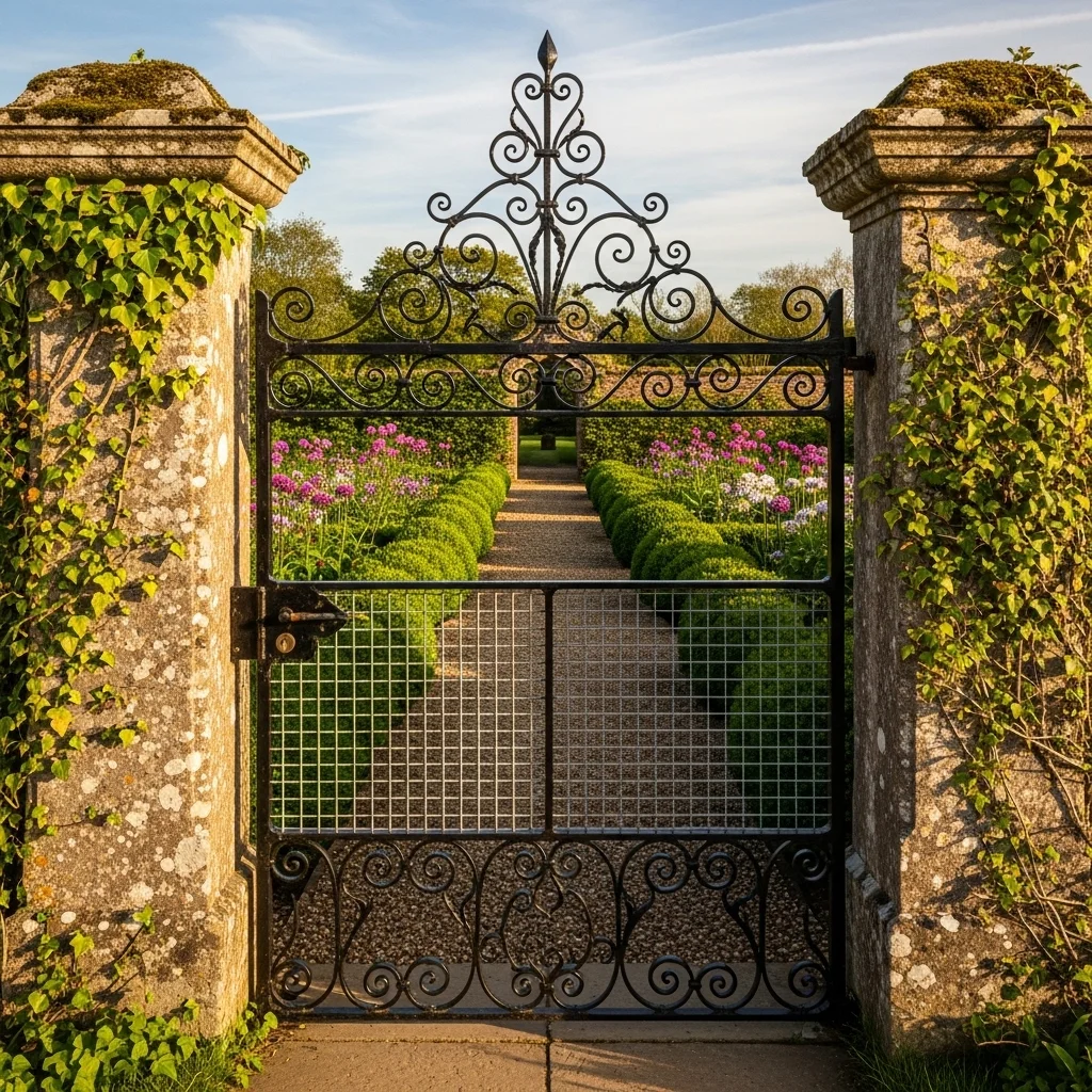 Wire Gate with Decorative Ironwork Accents
