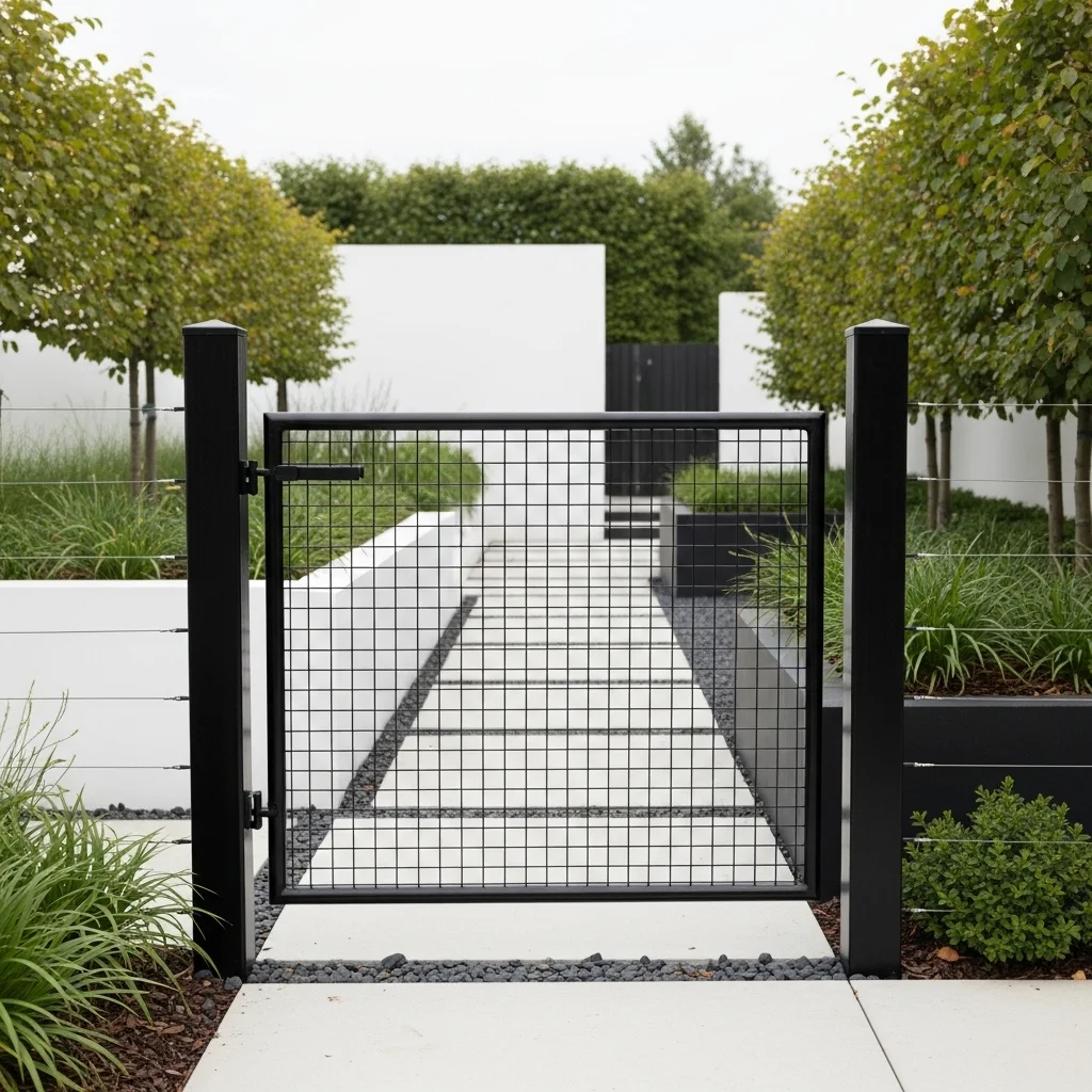 Wire Mesh Gate with a Painted Black Steel Frame