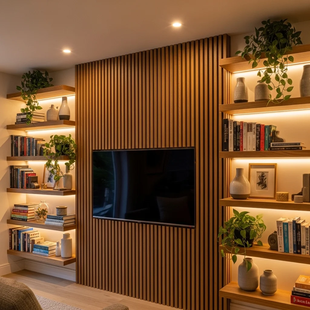 Wood Slats with Built In Floating Shelves