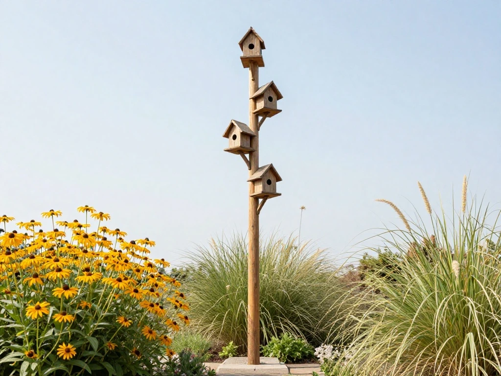 A Vertical Garden Pole with Stacked Birdhouses