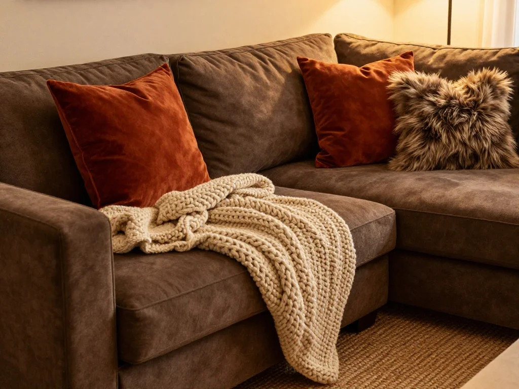Add Texture with Velvet Throw Pillows and Chunky Knit Blankets