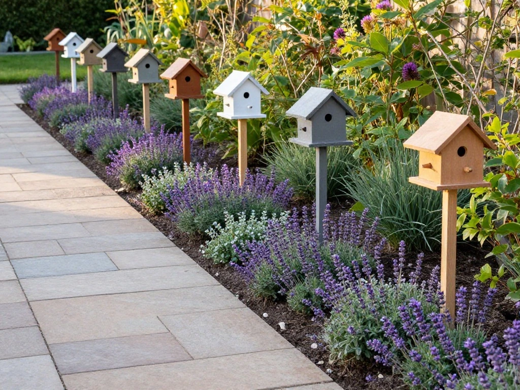 Birdhouses Along the Flower Bed Border