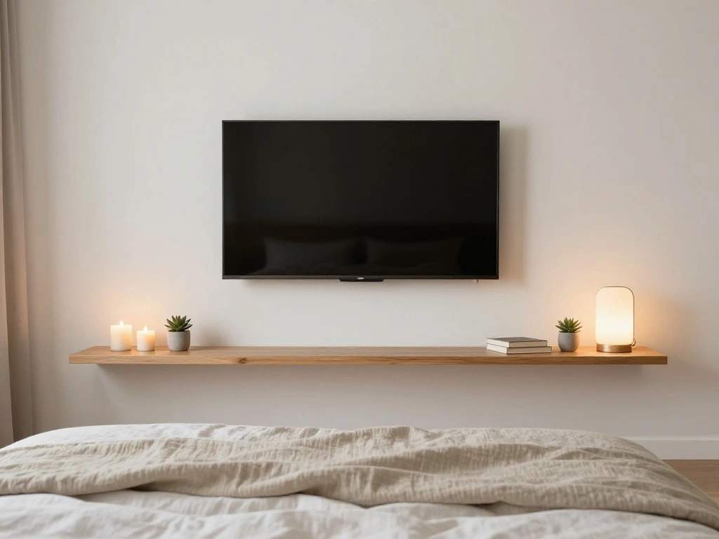 Floating Shelves Around the TV in the Bedroom