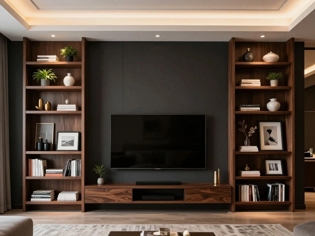 Floor-to-Ceiling Shelf Columns Flanking the TV