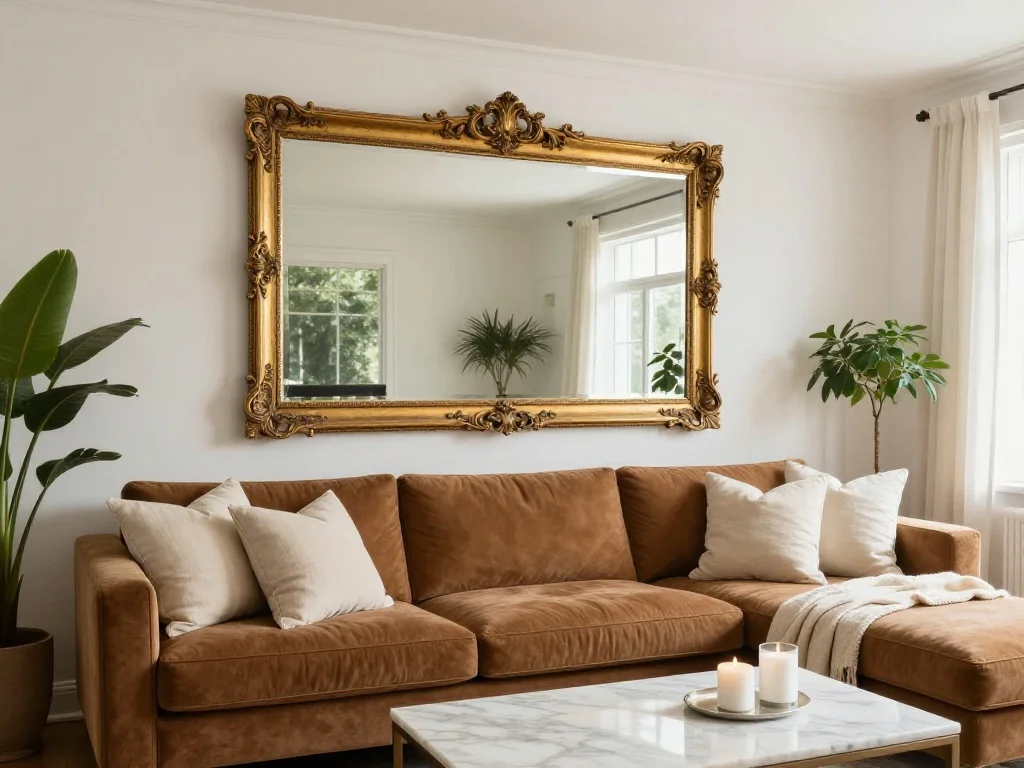 Place a Large Statement Mirror Above the Sectional