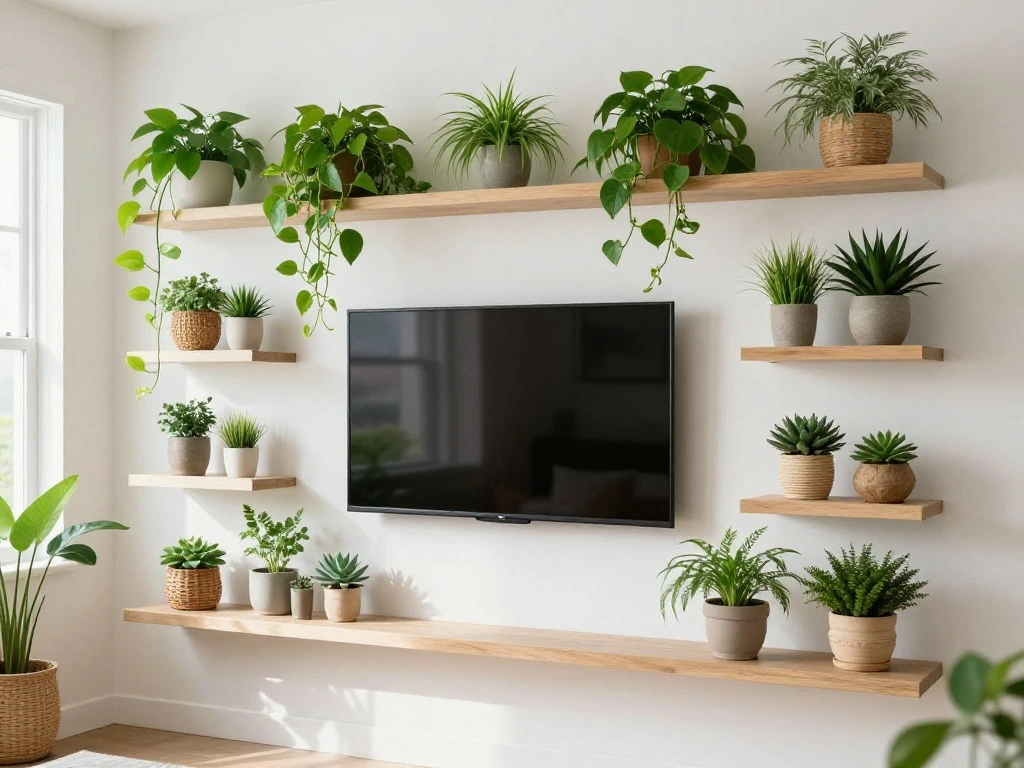 Plants and Greenery on Shelves Around the TV