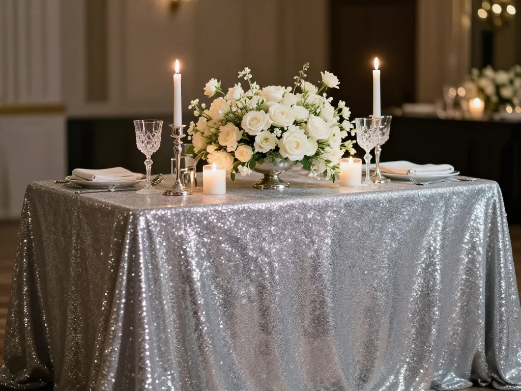 Silver Sequin Linens for the Sweetheart Table