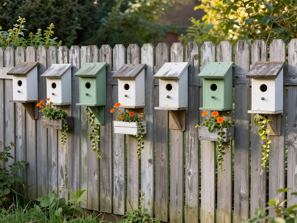 The Birdhouse Village on a Garden Fence