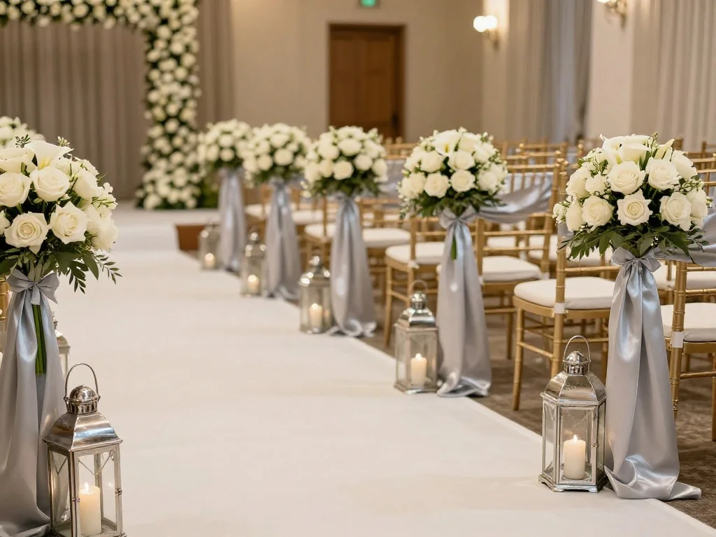 White Floral Aisle Decorations with Silver Ribbon
