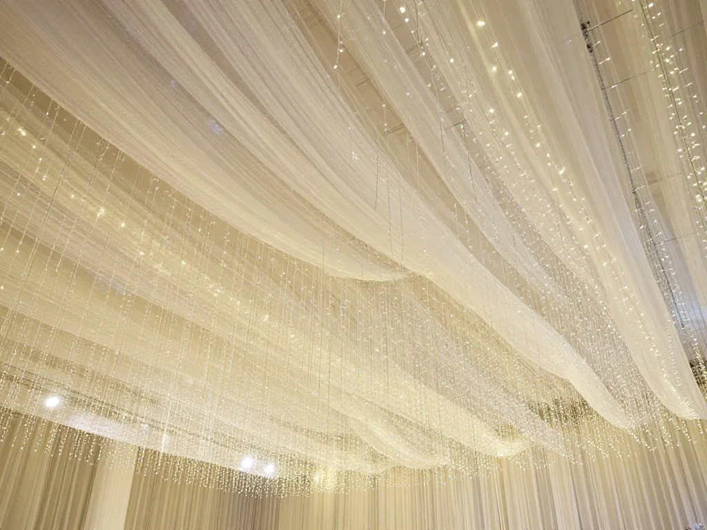 White Tulle Ceiling Draping with Silver Fairy Lights