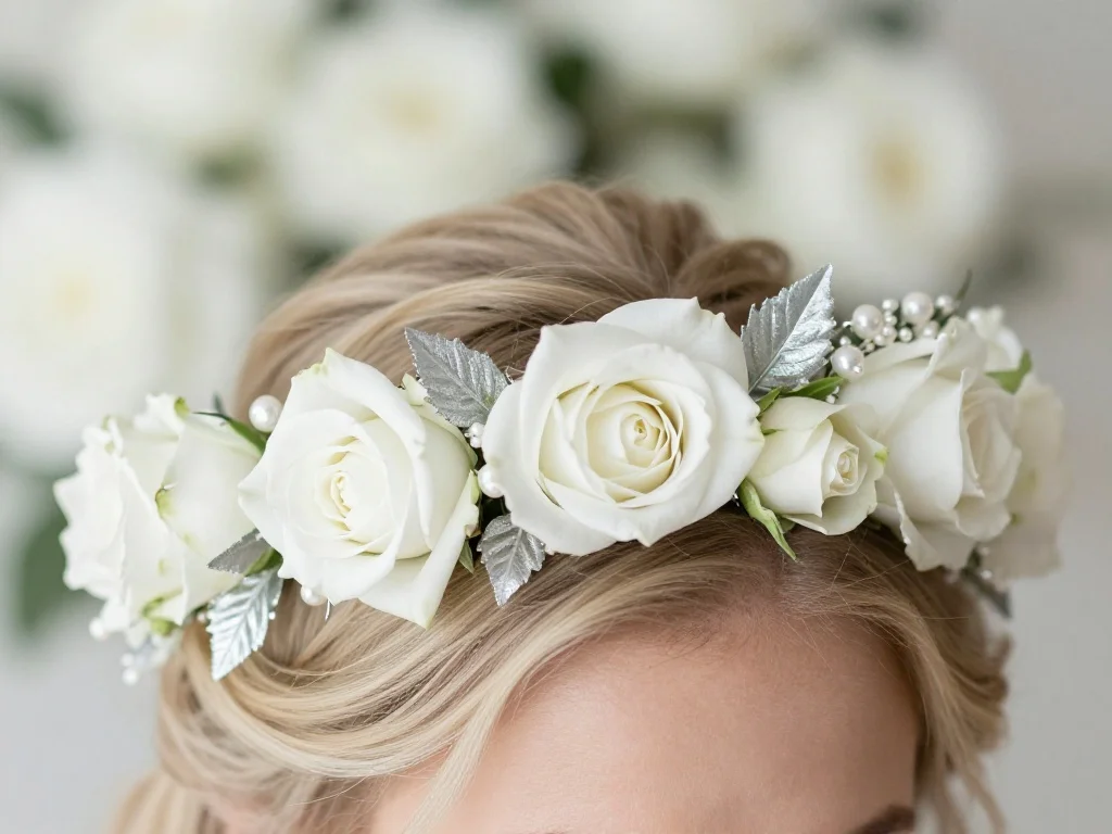 White and Silver Floral Crown for the Bride