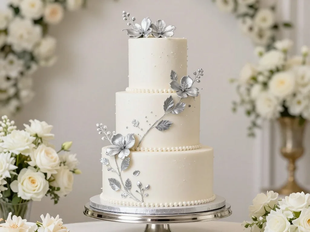 White and Silver Wedding Cake