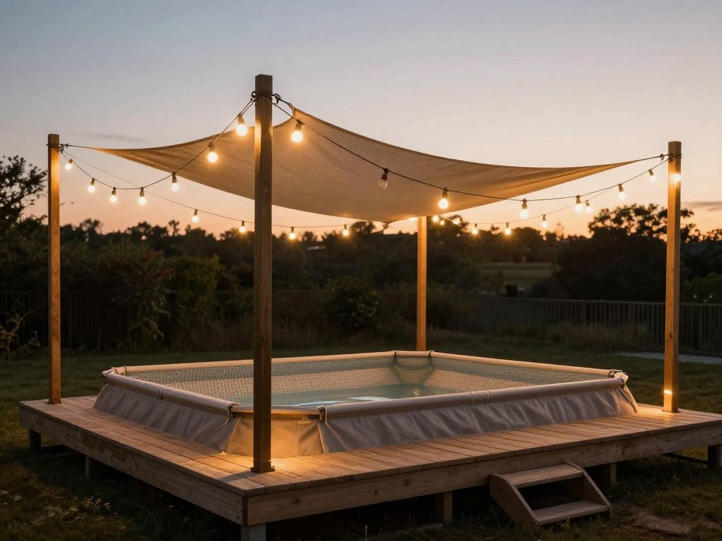  Deck with String Lights and Shade Sail