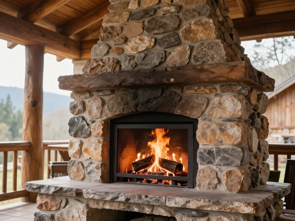 Stacked Stone Fireplace Under a Timber Pergola